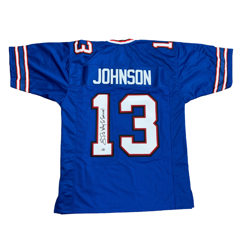 Stevie Johnson Signed Pro-Style Blue Football Jersey with Why So Serious