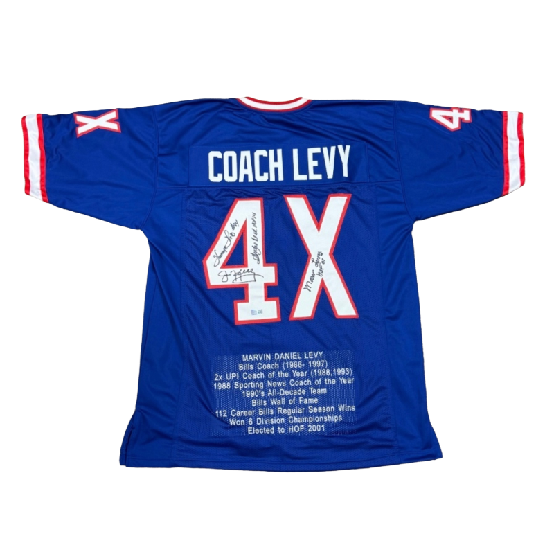 Coach Levy (4X) Signed Pro-Style Blue Football Jersey